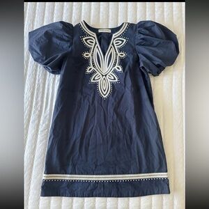 The Pants Store Boutique Dress Navy Blue White Embroidery Puff Short Sleeve Sz S